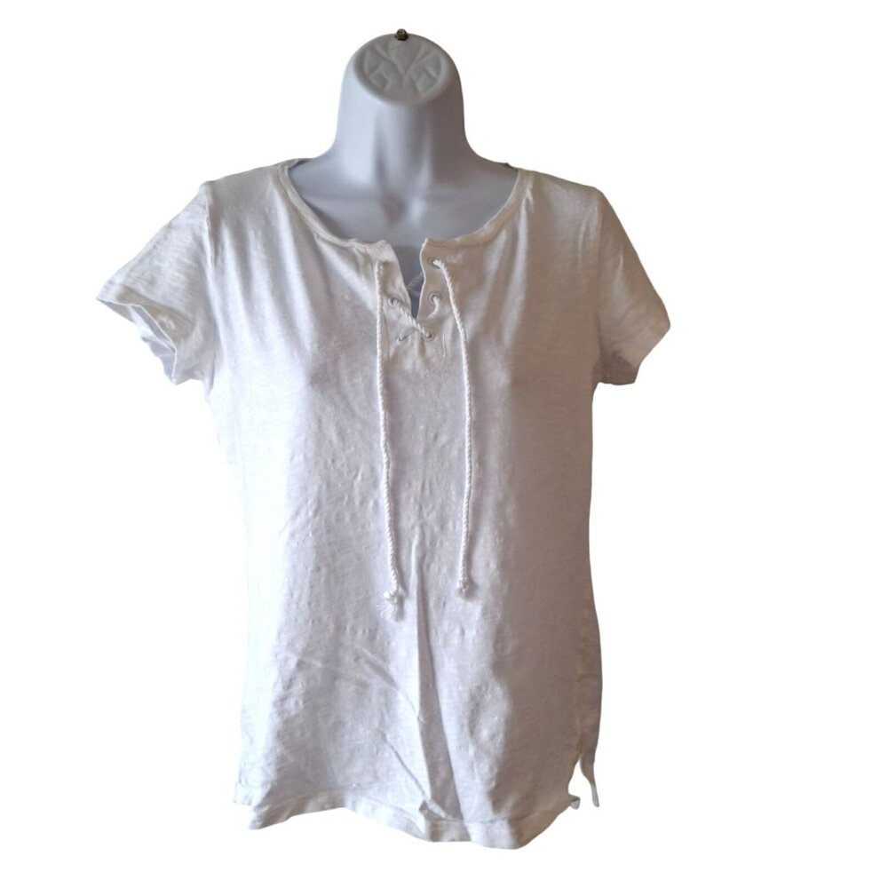 Talbots Womens TShirt SP White Short Sleeve Drawstring Neck Cotton Minimalist